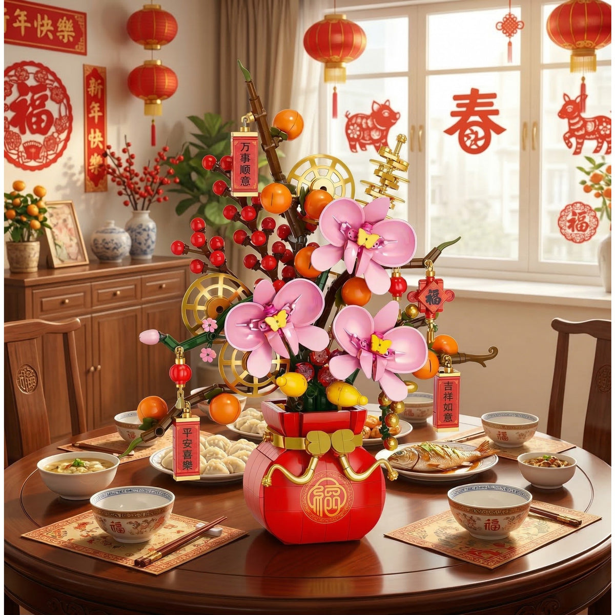 Set de Constructie Vaza Decorativa cu Flori, Aranjament Floral Stil Asiatic, Blocuri de Constructie Tip Display, 818 Piese, 6+ Ani, Rosu cu Auriu