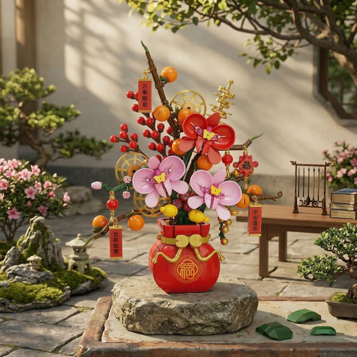 Set de Constructie Vaza Decorativa cu Flori, Aranjament Floral Stil Asiatic, Blocuri de Constructie Tip Display, 818 Piese, 6+ Ani, Rosu cu Auriu