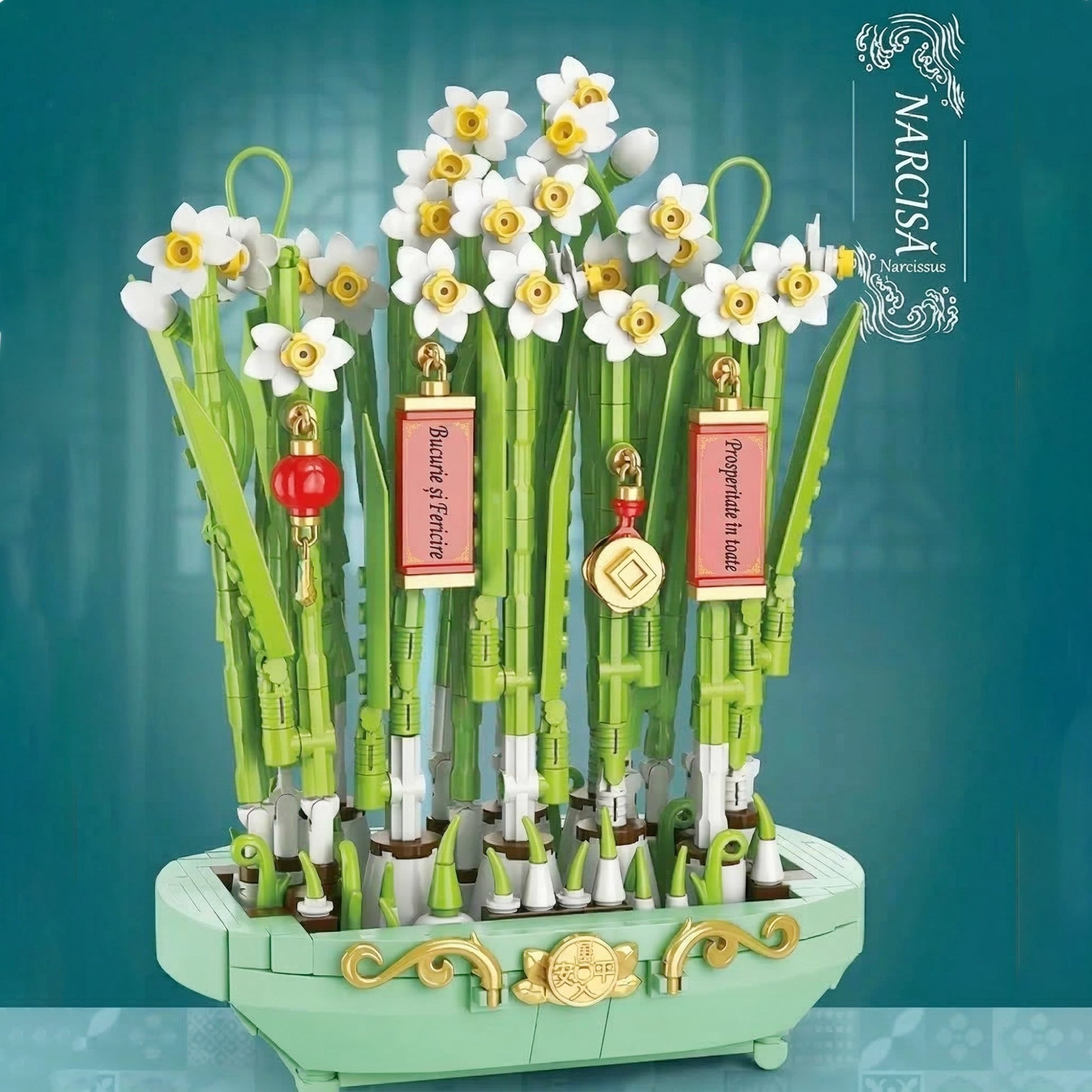 Set de Constructie Narcise Decorative, Aranjament Floral cu Suport si Elemente Suspendate, Planta Artificiala, 778 Piese, Varsta 6+ Ani, 17.2 x 12 x 22.7 cm