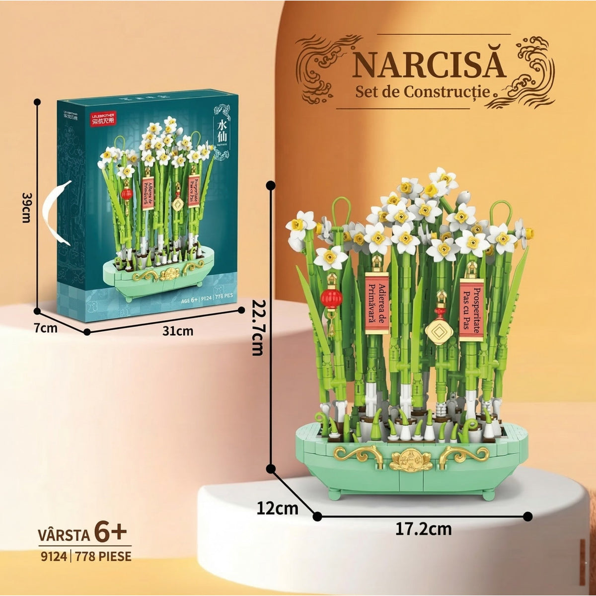 Set de Constructie Narcise Decorative, Aranjament Floral cu Suport si Elemente Suspendate, Planta Artificiala, 778 Piese, Varsta 6+ Ani, 17.2 x 12 x 22.7 cm
