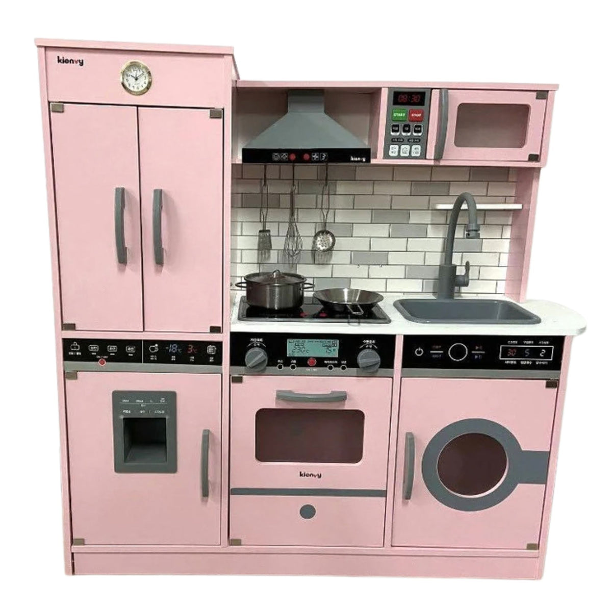 Bucatarie pentru Copii Interactiva, Set Jucarie de Rol cu Sunete si Lumini, Frigider, Cuptor si Hota, Lemn, 90 x 90 x 30 cm, Roz