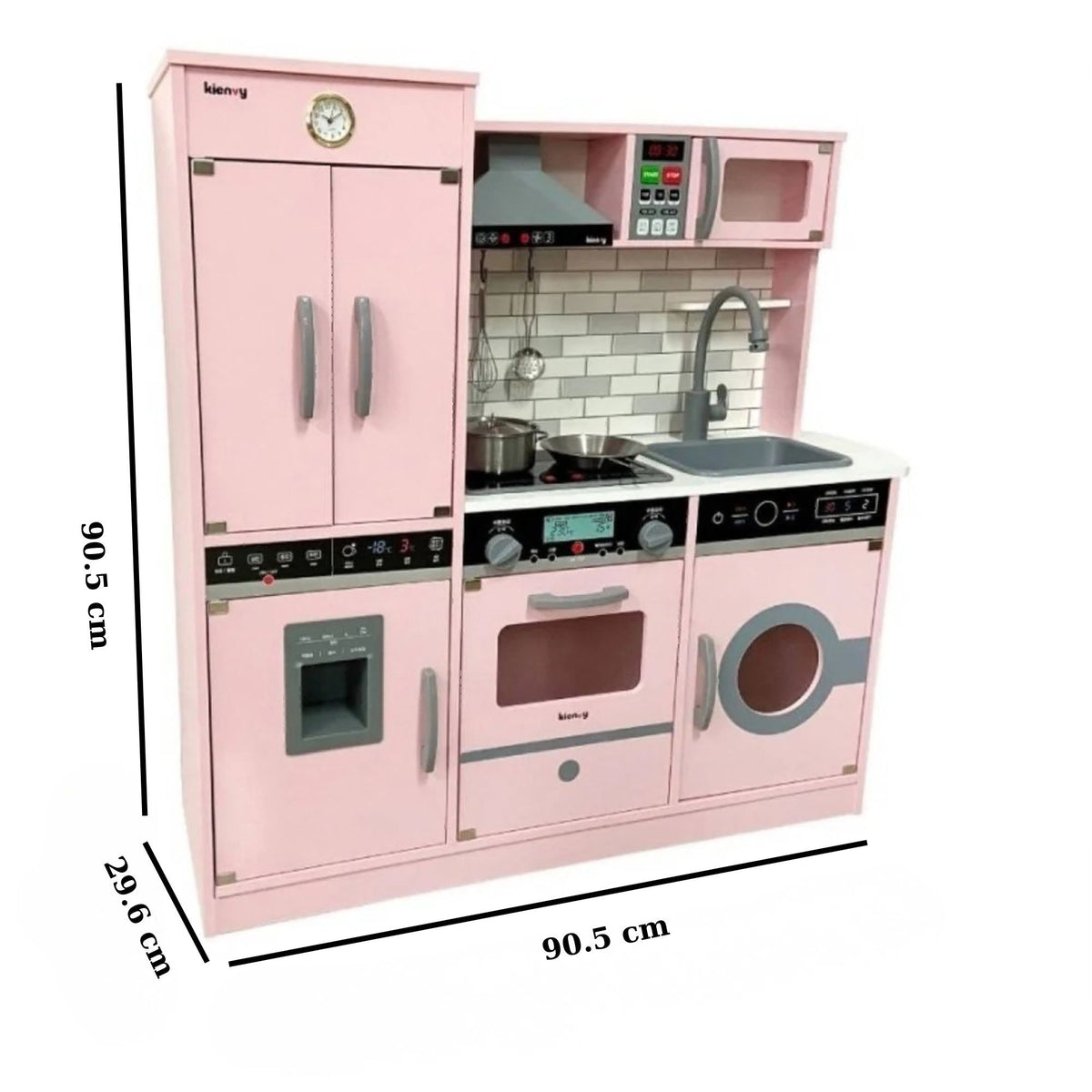 Bucatarie pentru Copii Interactiva, Set Jucarie de Rol cu Sunete si Lumini, Frigider, Cuptor si Hota, Lemn, 90 x 90 x 30 cm, Roz