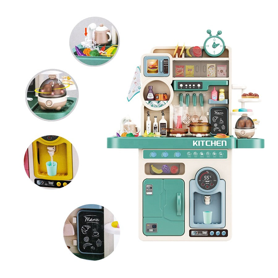 Bucatarie Multifunctionala pentru Copii, Joc de Rol cu Sunete, Lumini si Efect Abur, Plastic, 93 Piese, 96 x 71 x 28 cm, Verde/Crem