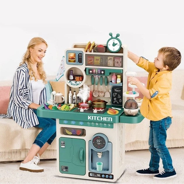 Bucatarie Multifunctionala pentru Copii, Joc de Rol cu Sunete, Lumini si Efect Abur, Plastic, 93 Piese, 96 x 71 x 28 cm, Verde/Crem