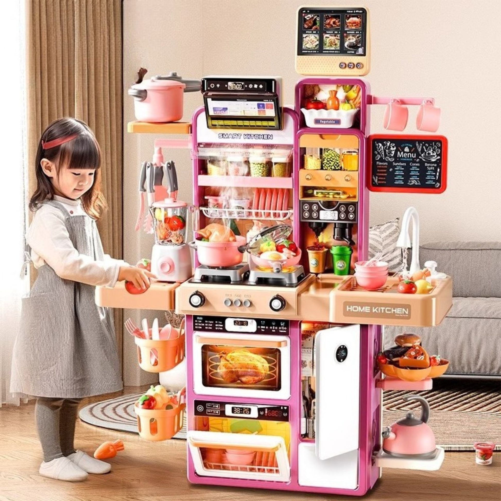 Bucatarie pentru Copii Montessori, Set de Joaca cu Chiuveta cu Apa, Lumini si Sunete, Plastic Rezistent, 68 x 23 x 93 cm, Alb/Mov