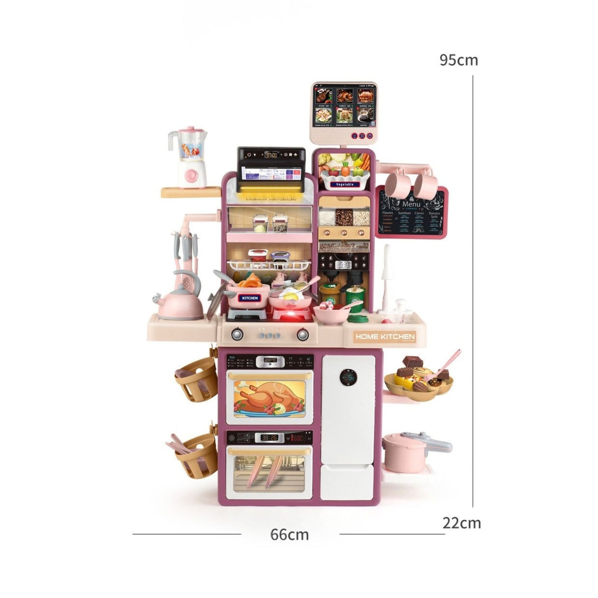Bucatarie pentru Copii Montessori, Set de Joaca cu Chiuveta cu Apa, Lumini si Sunete, Plastic Rezistent, 68 x 23 x 93 cm, Alb/Mov