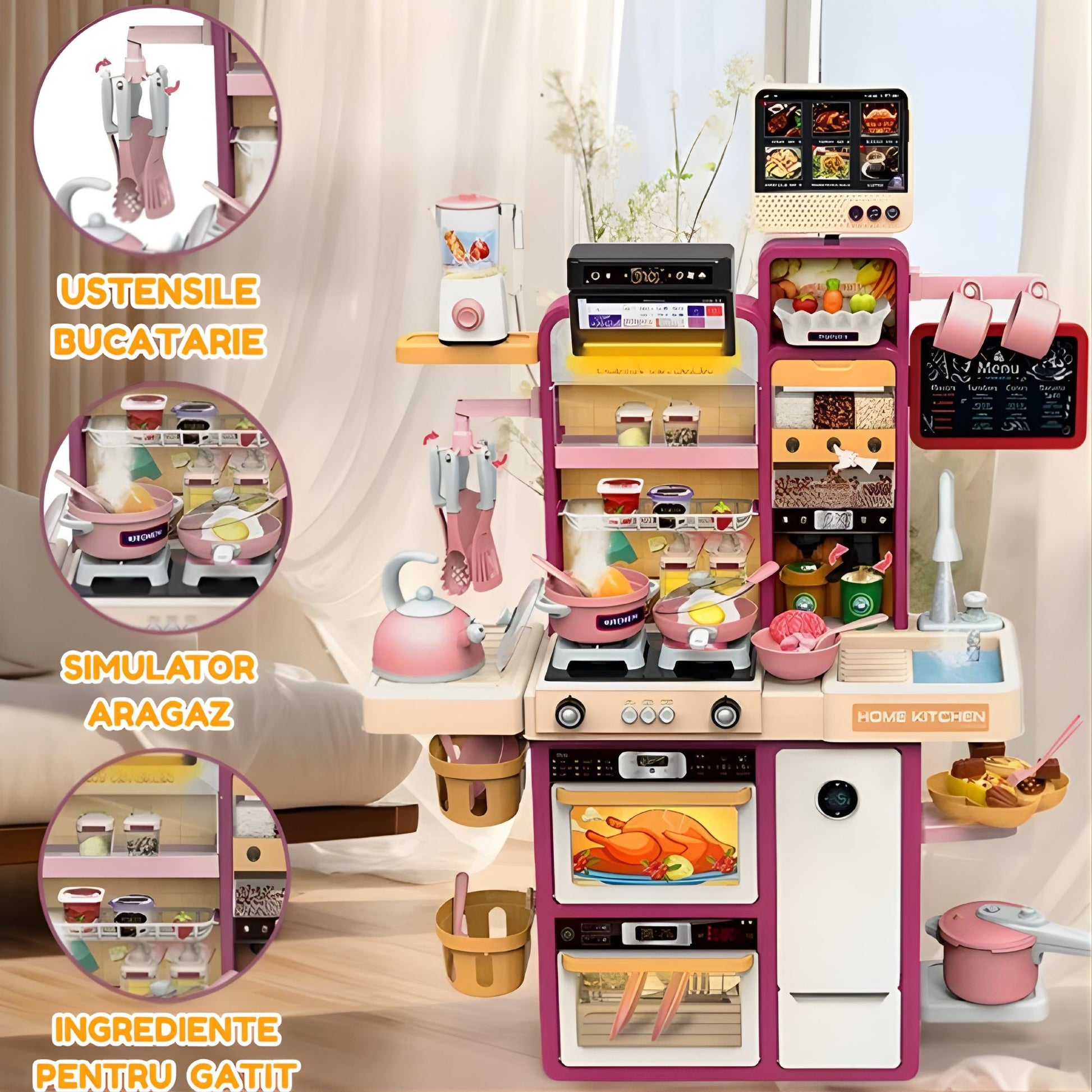 Bucatarie pentru Copii Montessori, Set de Joaca cu Chiuveta cu Apa, Lumini si Sunete, Plastic Rezistent, 68 x 23 x 93 cm, Alb/Mov