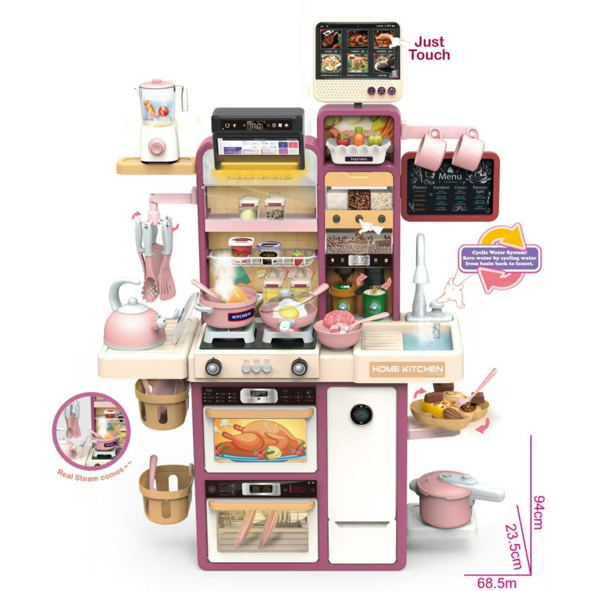 Bucatarie pentru Copii Montessori, Set de Joaca cu Chiuveta cu Apa, Lumini si Sunete, Plastic Rezistent, 68 x 23 x 93 cm, Alb/Mov