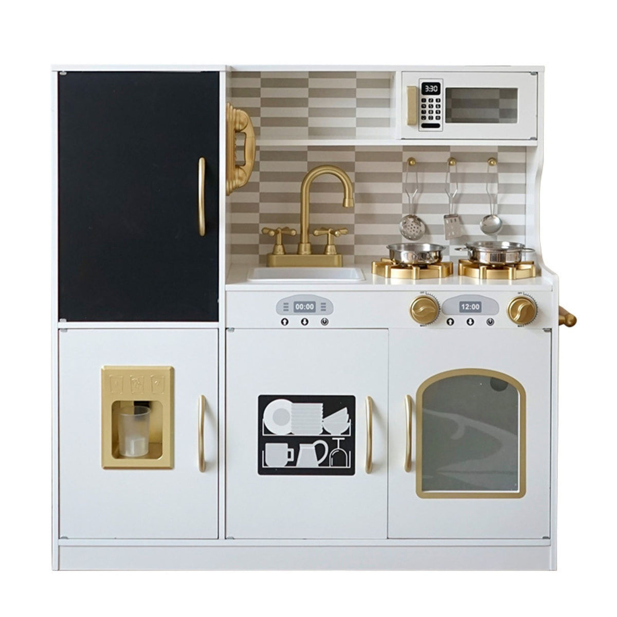 Bucatarie de Jucarie pentru Copii, Set Joc de Rol Interactiv cu Frigider Tabla, Aragaz si Accesorii, Lemn, 80x80x30 cm, Alb/Negru