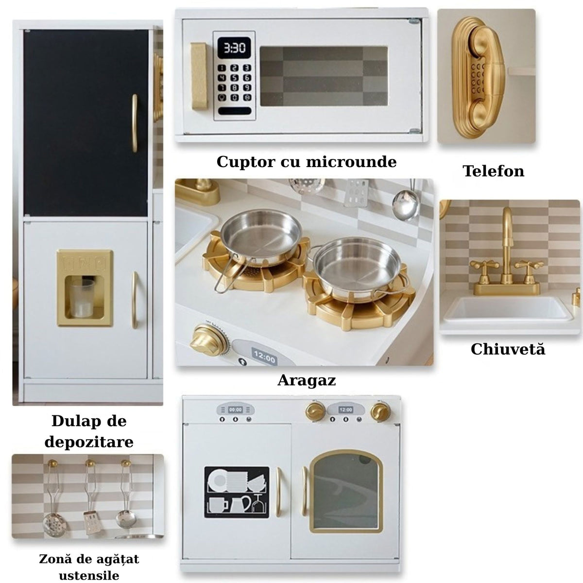 Bucatarie de Jucarie pentru Copii, Set Joc de Rol Interactiv cu Frigider Tabla, Aragaz si Accesorii, Lemn, 80x80x30 cm, Alb/Negru