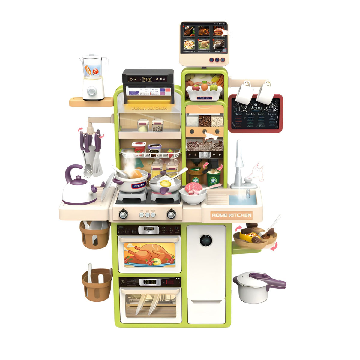 Bucatarie pentru Copii Montessori, Set de Joaca Educativ cu Sunete, Lumini si Chiuveta cu Apa, Plastic Rezistent, 68 x 23 x 93 cm, Alb/Verde