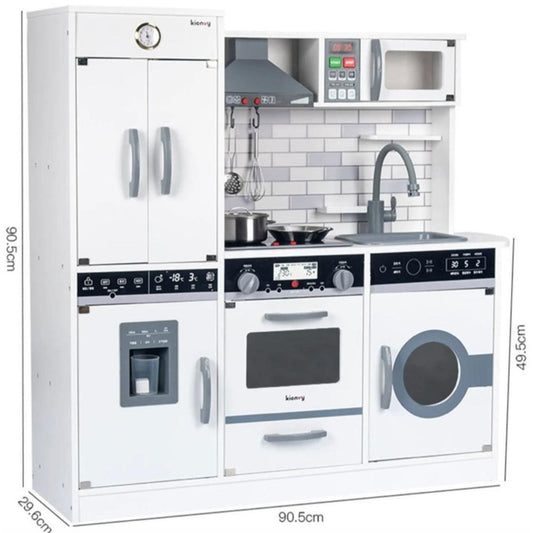 Bucatarie pentru Copii din Lemn, Centru de Activitati Multifunctional cu Sunete si Lumini, Frigider, Cuptor, Chiuveta si Hota, Jucarie de Rol, 90 x 90 x 30 cm, Alb