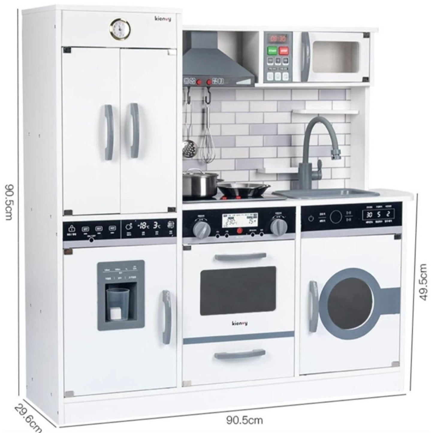 Bucatarie pentru Copii din Lemn, Centru de Activitati Multifunctional cu Sunete si Lumini, Frigider, Cuptor, Chiuveta si Hota, Jucarie de Rol, 90 x 90 x 30 cm, Alb