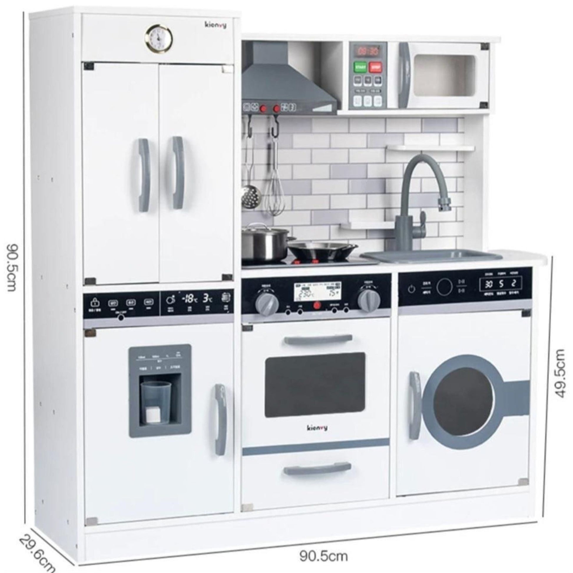 Bucatarie pentru Copii din Lemn, Centru de Activitati Multifunctional cu Sunete si Lumini, Frigider, Cuptor, Chiuveta si Hota, Jucarie de Rol, 90 x 90 x 30 cm, Alb