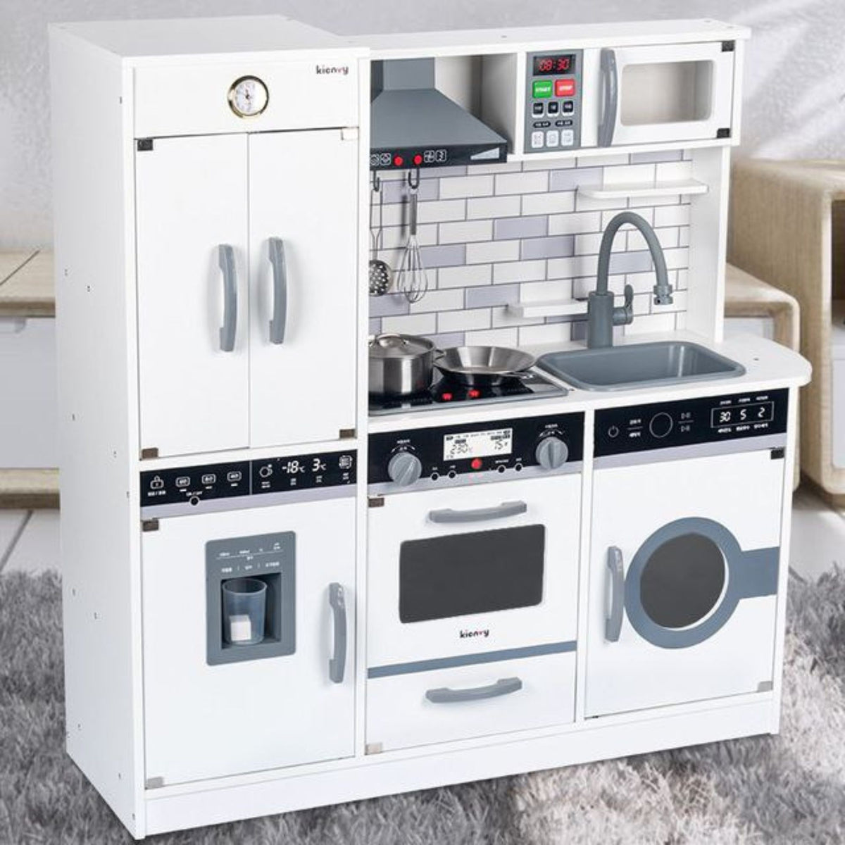 Bucatarie pentru Copii din Lemn, Centru de Activitati Multifunctional cu Sunete si Lumini, Frigider, Cuptor, Chiuveta si Hota, Jucarie de Rol, 90 x 90 x 30 cm, Alb