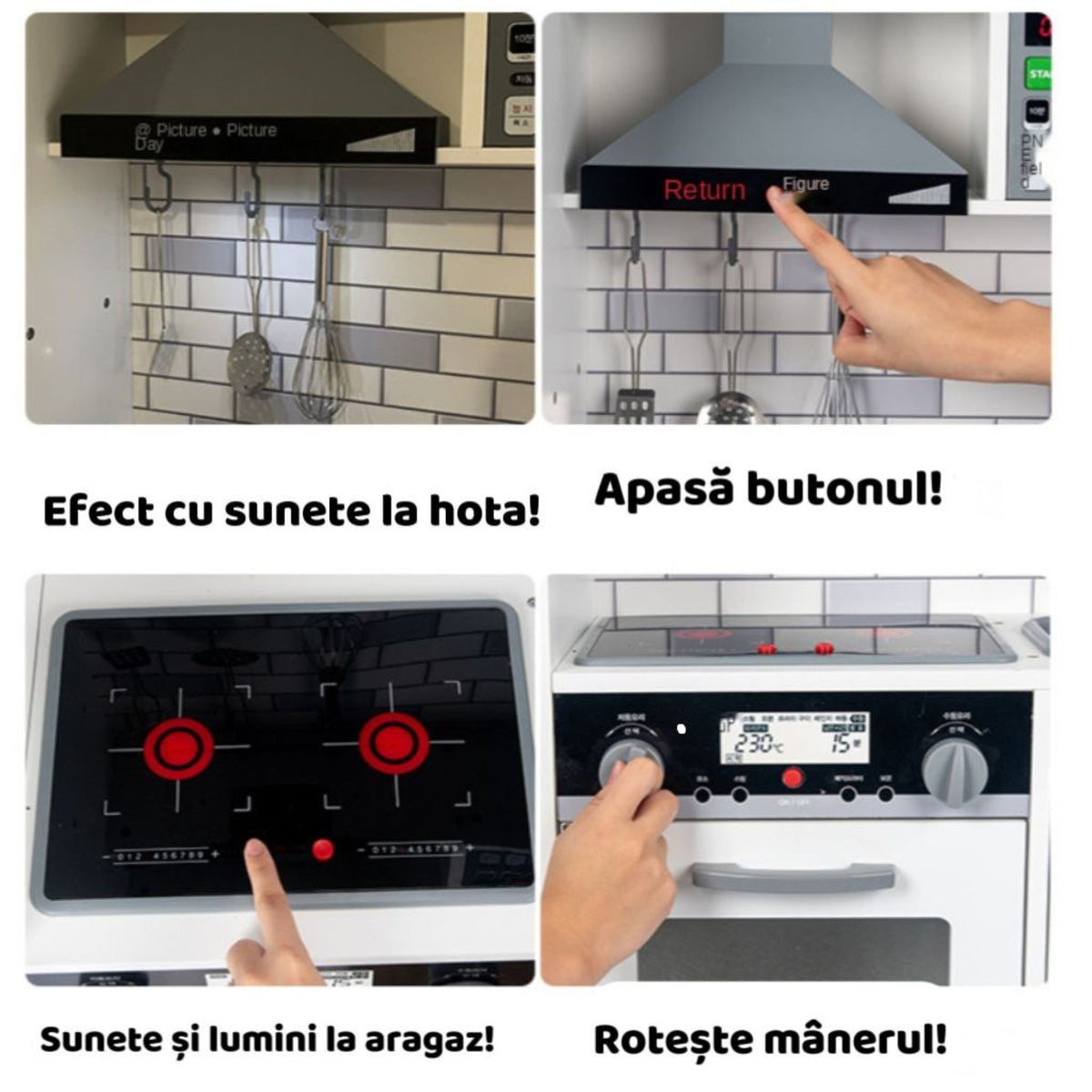 Bucatarie pentru Copii din Lemn, Centru de Activitati Multifunctional cu Sunete si Lumini, Frigider, Cuptor, Chiuveta si Hota, Jucarie de Rol, 90 x 90 x 30 cm, Alb