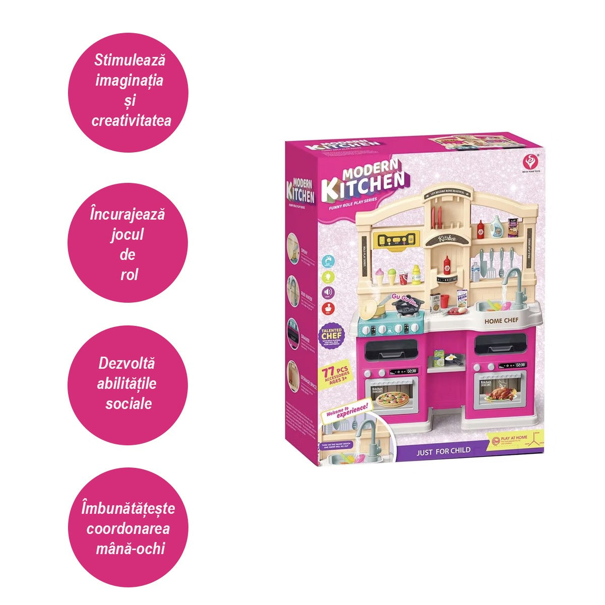 Bucatarie Multifunctionala pentru Copii Modern Kitchen Home Chef, Efecte Lumini si Sunete, Aburi si Circuit Apa, Plastic, 77 Accesorii, 83 x 66 x 24 cm, Roz