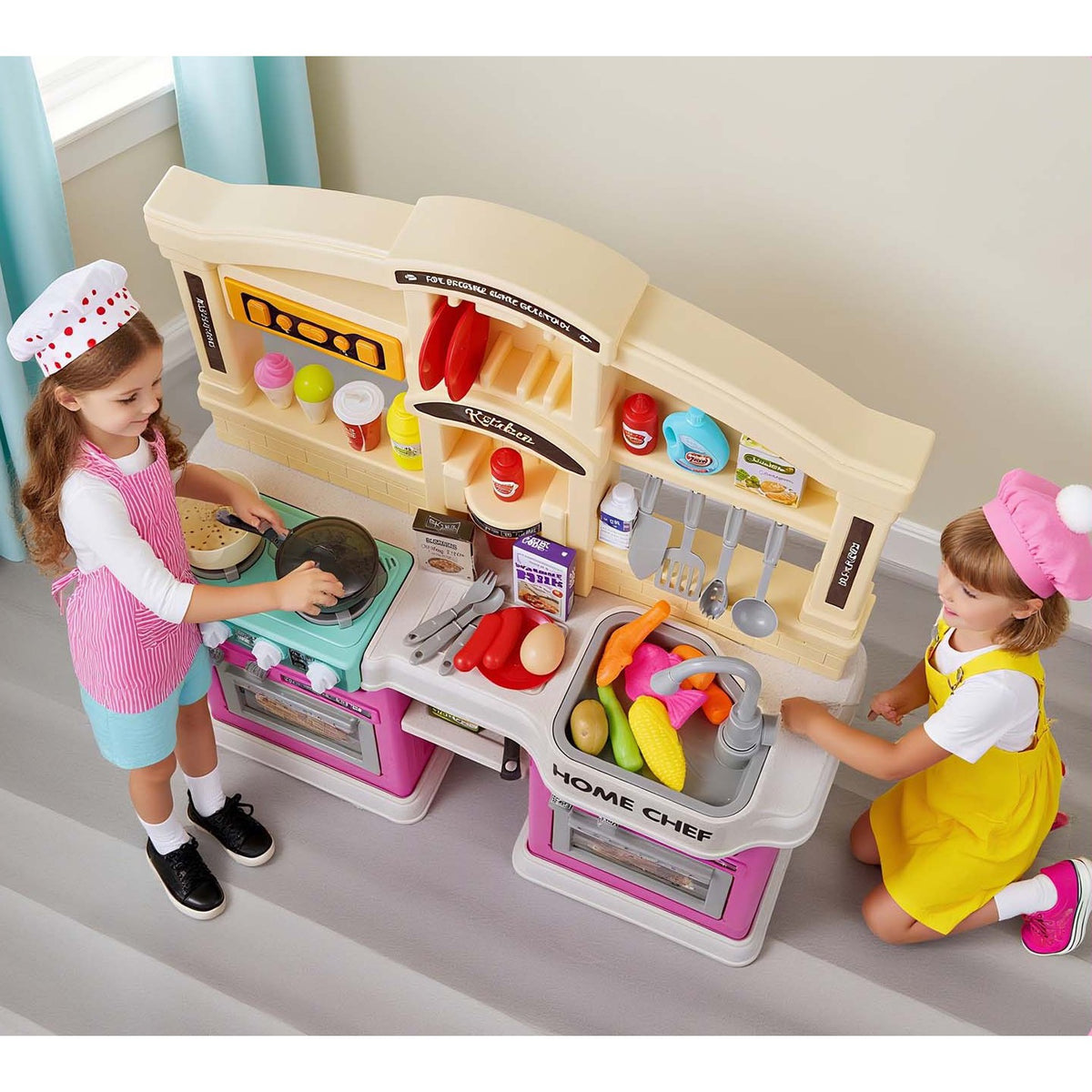 Bucatarie Multifunctionala pentru Copii Modern Kitchen Home Chef, Efecte Lumini si Sunete, Aburi si Circuit Apa, Plastic, 77 Accesorii, 83 x 66 x 24 cm, Roz