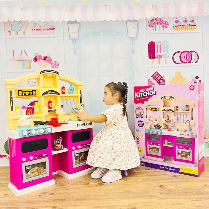 Bucatarie Multifunctionala pentru Copii Modern Kitchen Home Chef, Efecte Lumini si Sunete, Aburi si Circuit Apa, Plastic, 77 Accesorii, 83 x 66 x 24 cm, Roz