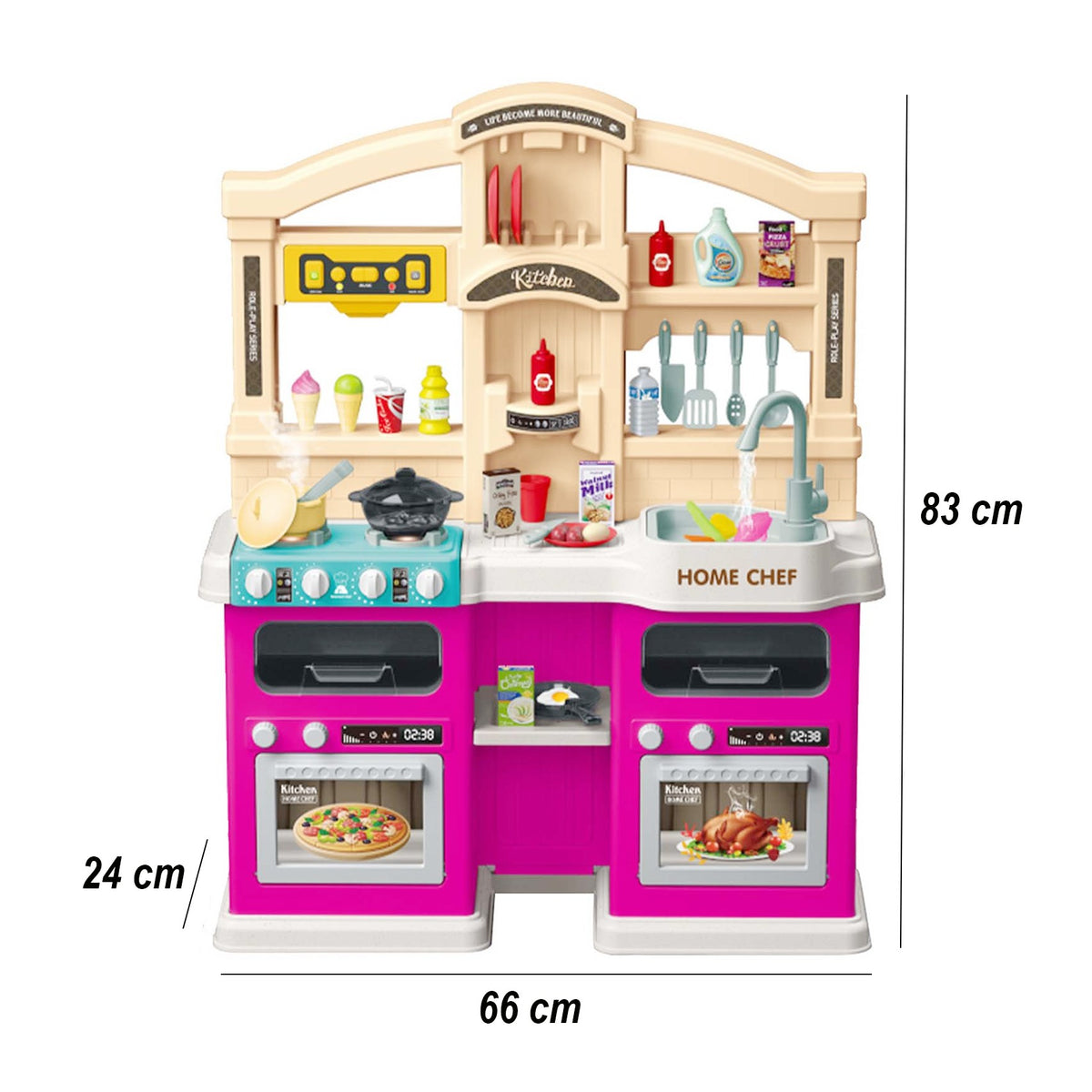 Bucatarie Multifunctionala pentru Copii Modern Kitchen Home Chef, Efecte Lumini si Sunete, Aburi si Circuit Apa, Plastic, 77 Accesorii, 83 x 66 x 24 cm, Roz