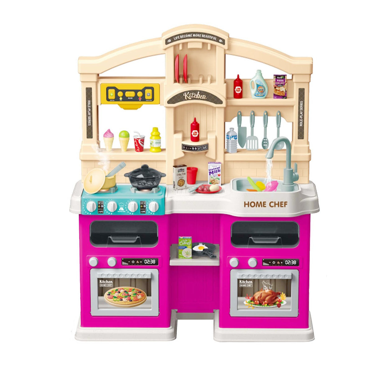 Bucatarie Multifunctionala pentru Copii Modern Kitchen Home Chef, Efecte Lumini si Sunete, Aburi si Circuit Apa, Plastic, 77 Accesorii, 83 x 66 x 24 cm, Roz