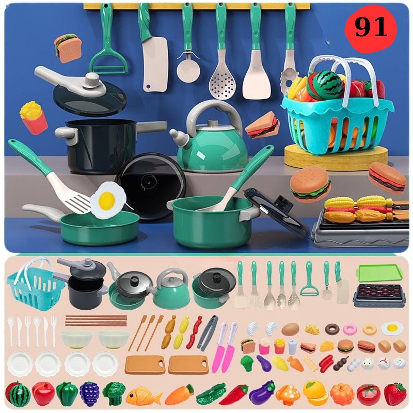 Set Accesorii de Bucatarie pentru Copii, Mancare de Jucarie si Ustensile Gatit, Educativ Montessori, Plastic ABS, 91 Piese, 3+ Ani, Multicolor