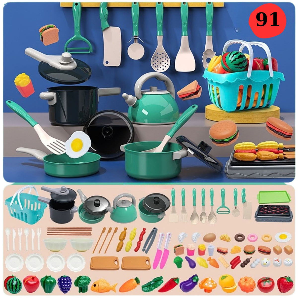 Set Accesorii de Bucatarie pentru Copii, Mancare de Jucarie si Ustensile Gatit, Educativ Montessori, Plastic ABS, 91 Piese, 3+ Ani, Multicolor