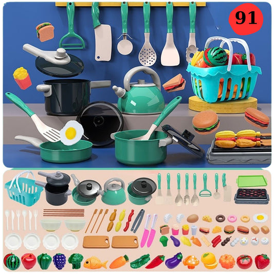 Set Accesorii de Bucatarie pentru Copii, Mancare de Jucarie si Ustensile Gatit, Educativ Montessori, Plastic ABS, 91 Piese, 3+ Ani, Multicolor