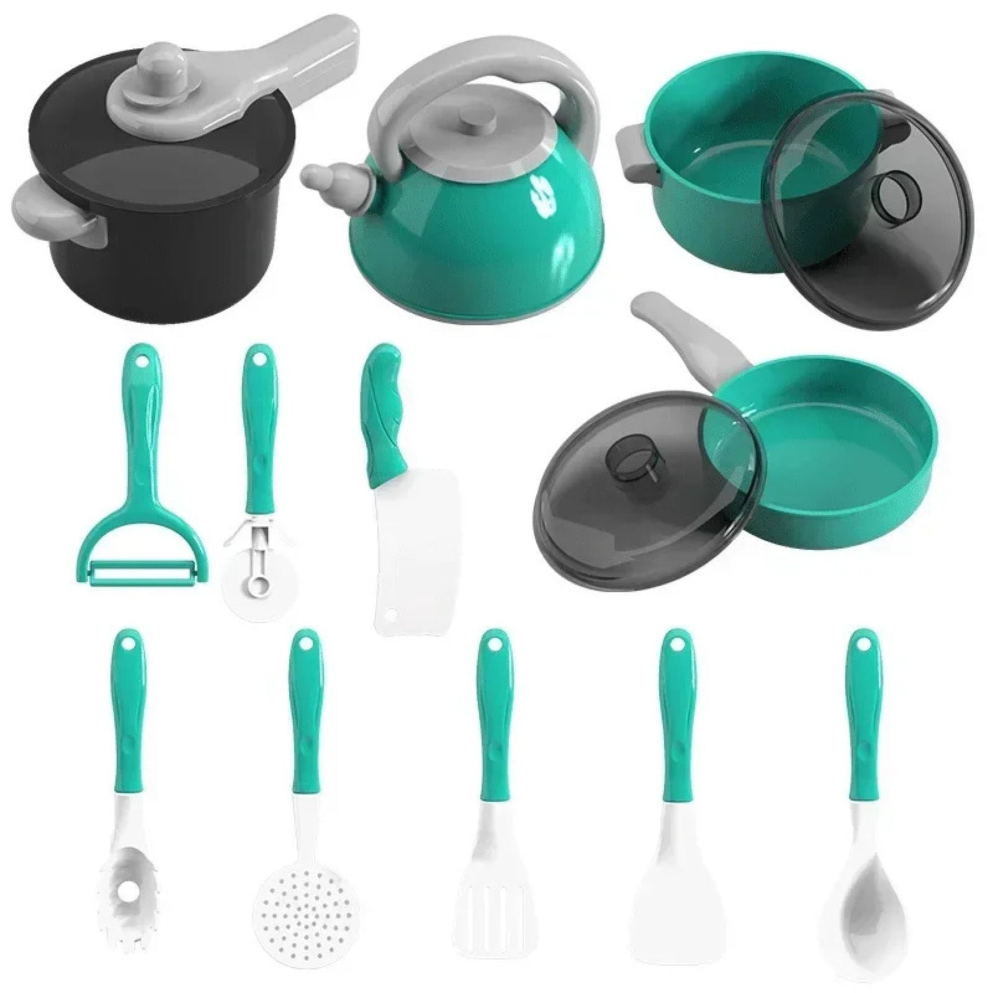 Set Accesorii de Bucatarie pentru Copii, Mancare de Jucarie si Ustensile Gatit, Educativ Montessori, Plastic ABS, 91 Piese, 3+ Ani, Multicolor