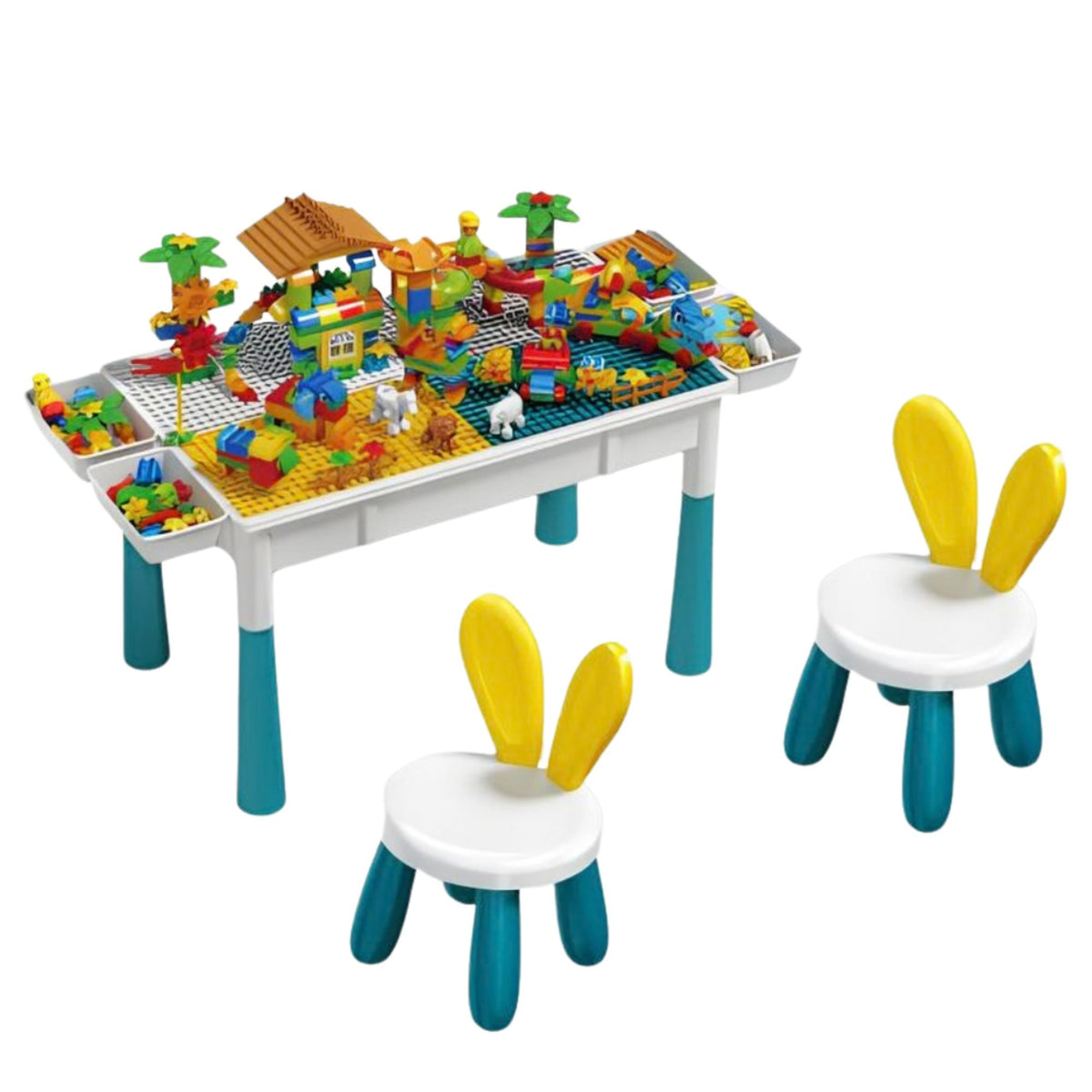 Masuta Multifunctionala Educativa Copii, Blat Reversibil Compatibil LEGO Duplo, 4 Cutii Depozitare, Plastic, 156 Piese si 2 Scaunele Bunny, 3+ Ani, Multicolor
