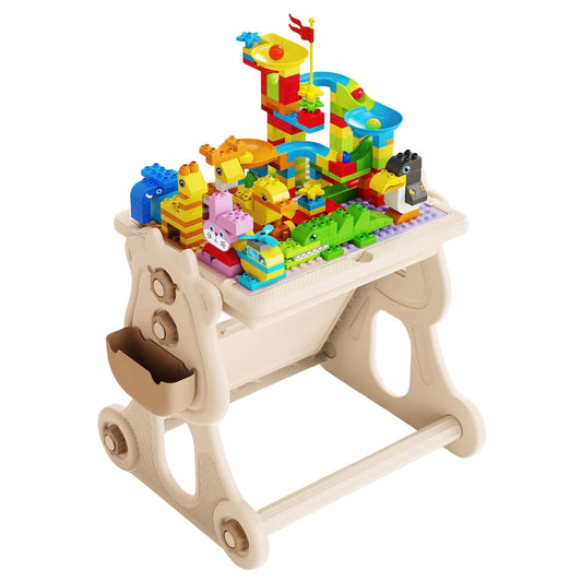Masa Educativa Multifunctionala 4 in 1 pentru Copii, Centru de Activitati cu Scaun si Tabla Desen Sevalet, Compatibila LEGO Duplo, Spatiu Depozitare, Plastic, 178 Piese, 3+ Ani, Bej