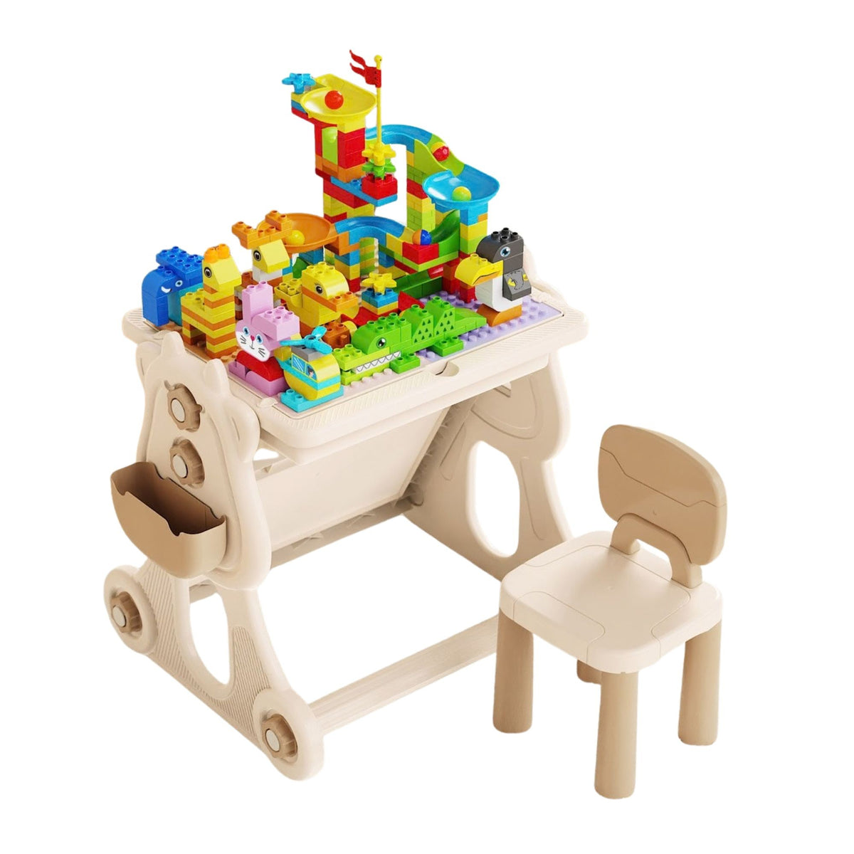 Masa Educativa Multifunctionala 4 in 1 pentru Copii, Centru de Activitati cu Scaun si Tabla Desen Sevalet, Compatibila LEGO Duplo, Spatiu Depozitare, Plastic, 178 Piese, 3+ Ani, Bej