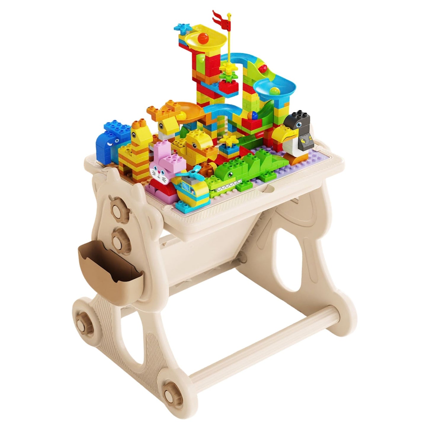 Masa Educativa Multifunctionala 4 in 1 pentru Copii, Centru de Activitati cu Scaun si Tabla Desen Sevalet, Compatibila LEGO Duplo, Spatiu Depozitare, Plastic, 178 Piese, 3+ Ani, Bej