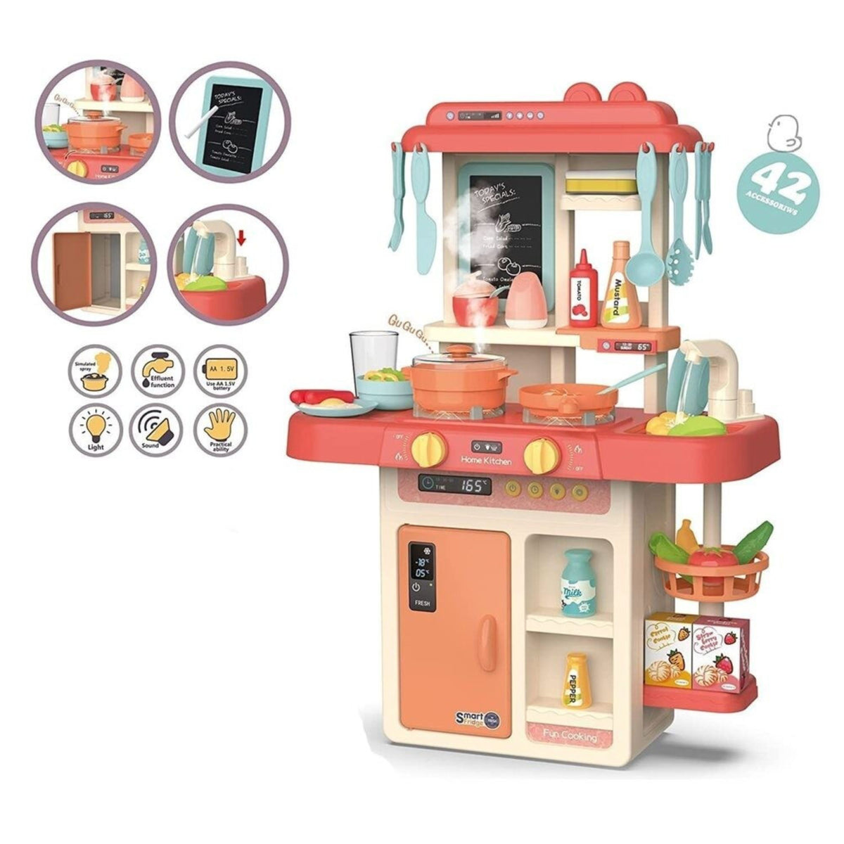 Bucatarie de Jucarie pentru Copii, Centru Interactiv cu Abur, Lumini, Sunete si Apa Reala, Plastic, 42 Accesorii, 46 x 22 x 63 cm, Bej/Roz