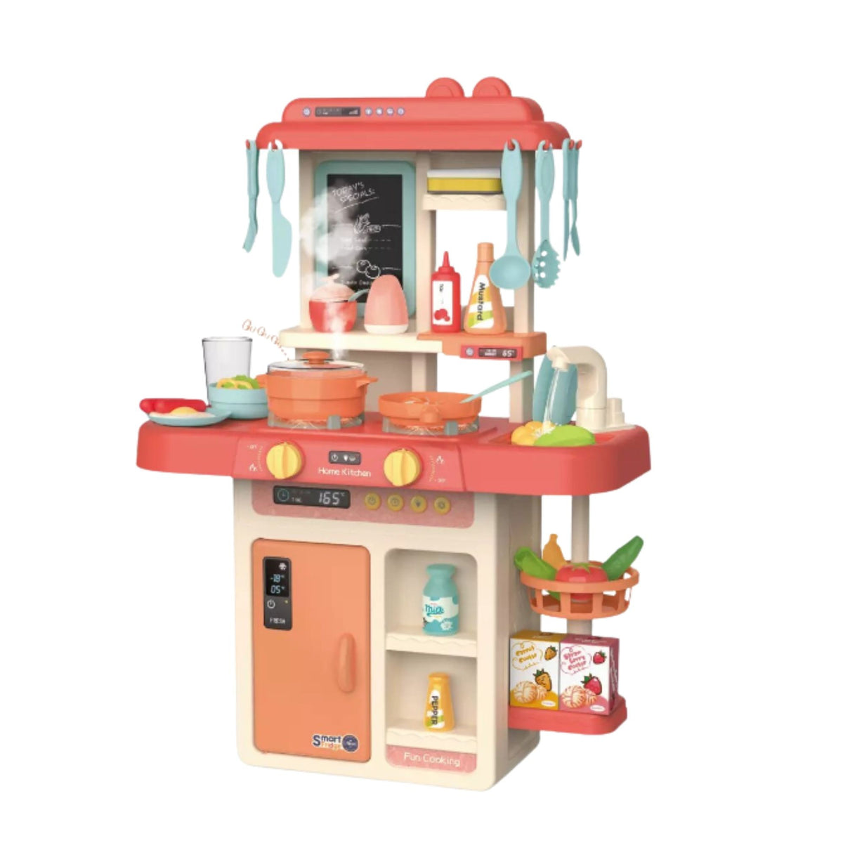 Bucatarie de Jucarie pentru Copii, Centru Interactiv cu Abur, Lumini, Sunete si Apa Reala, Plastic, 42 Accesorii, 46 x 22 x 63 cm, Bej/Roz