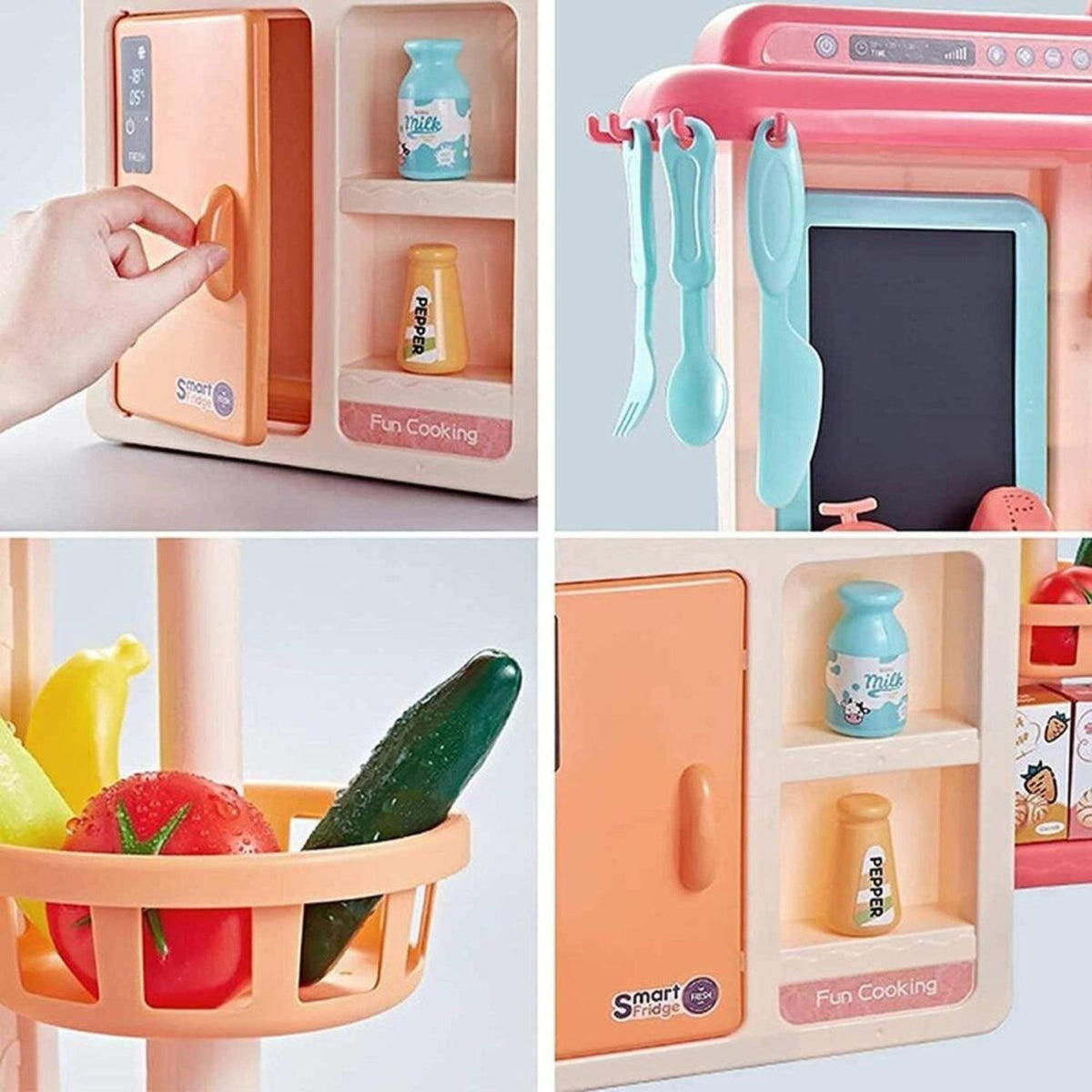 Bucatarie de Jucarie pentru Copii, Centru Interactiv cu Abur, Lumini, Sunete si Apa Reala, Plastic, 42 Accesorii, 46 x 22 x 63 cm, Bej/Roz