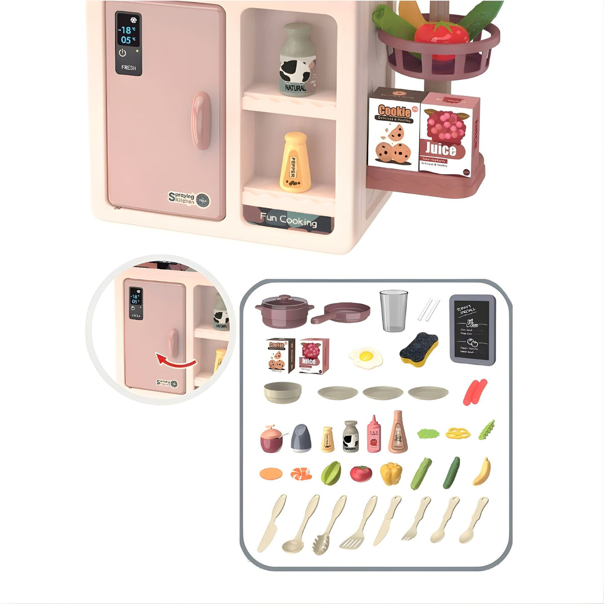 Bucatarie de Jucarie pentru Copii, Multifunctionala, cu Abur Real, Lumini, Sunete si Robinet cu Apa, 42 Accesorii, Plastic, 46 x 22 x 63 cm, Bej/Gri Inchis