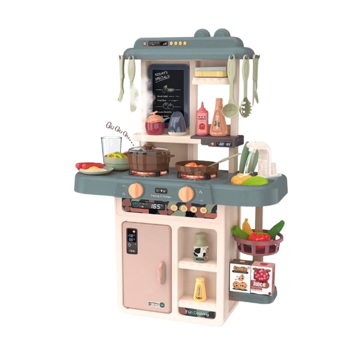 Bucatarie de Jucarie pentru Copii, Multifunctionala, cu Abur Real, Lumini, Sunete si Robinet cu Apa, 42 Accesorii, Plastic, 46 x 22 x 63 cm, Bej/Gri Inchis