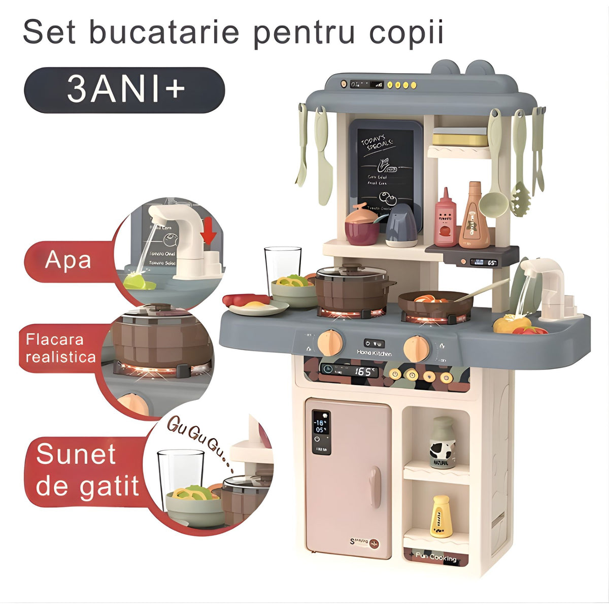 Bucatarie de Jucarie pentru Copii, Multifunctionala, cu Abur Real, Lumini, Sunete si Robinet cu Apa, 42 Accesorii, Plastic, 46 x 22 x 63 cm, Bej/Gri Inchis