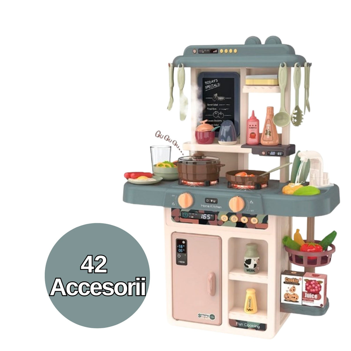 Bucatarie de Jucarie pentru Copii, Multifunctionala, cu Abur Real, Lumini, Sunete si Robinet cu Apa, 42 Accesorii, Plastic, 46 x 22 x 63 cm, Bej/Gri Inchis