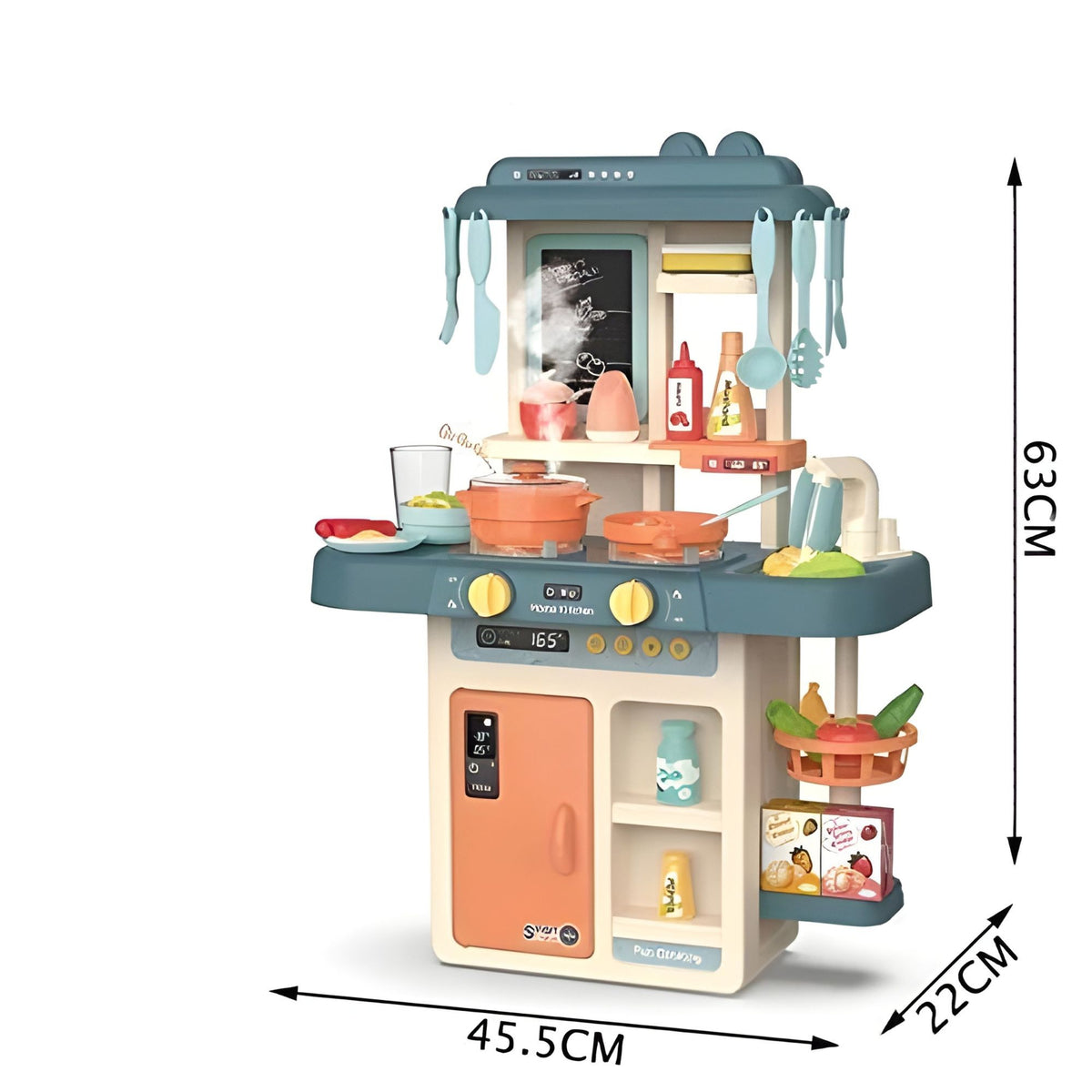 Bucatarie de Jucarie pentru Copii, Multifunctionala, cu Abur Real, Lumini, Sunete si Robinet cu Apa, 42 Accesorii, Plastic, 46 x 22 x 63 cm, Bej/Gri Inchis
