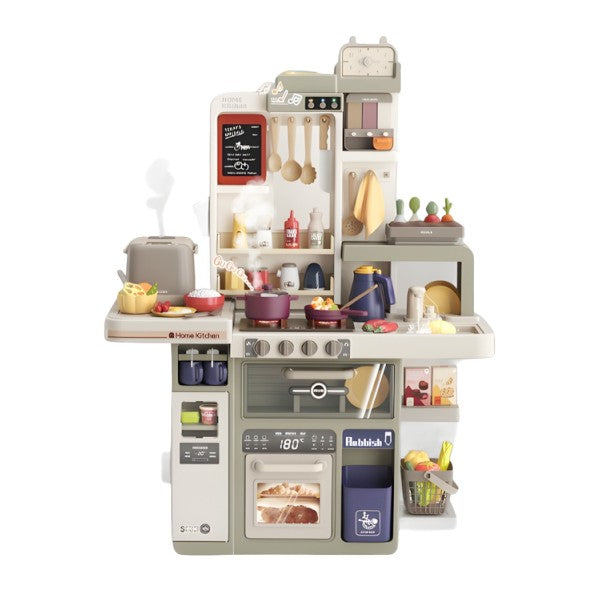 Bucatarie pentru Copii Spray Kitchen, Set de Joaca Interactiv cu Lumini si Sunete Realiste, Efect de Abur, Chiuveta cu Flux de Apa, Plastic ABS, 88 Piese, 93 x 69 x 27 cm, Gri/Verde