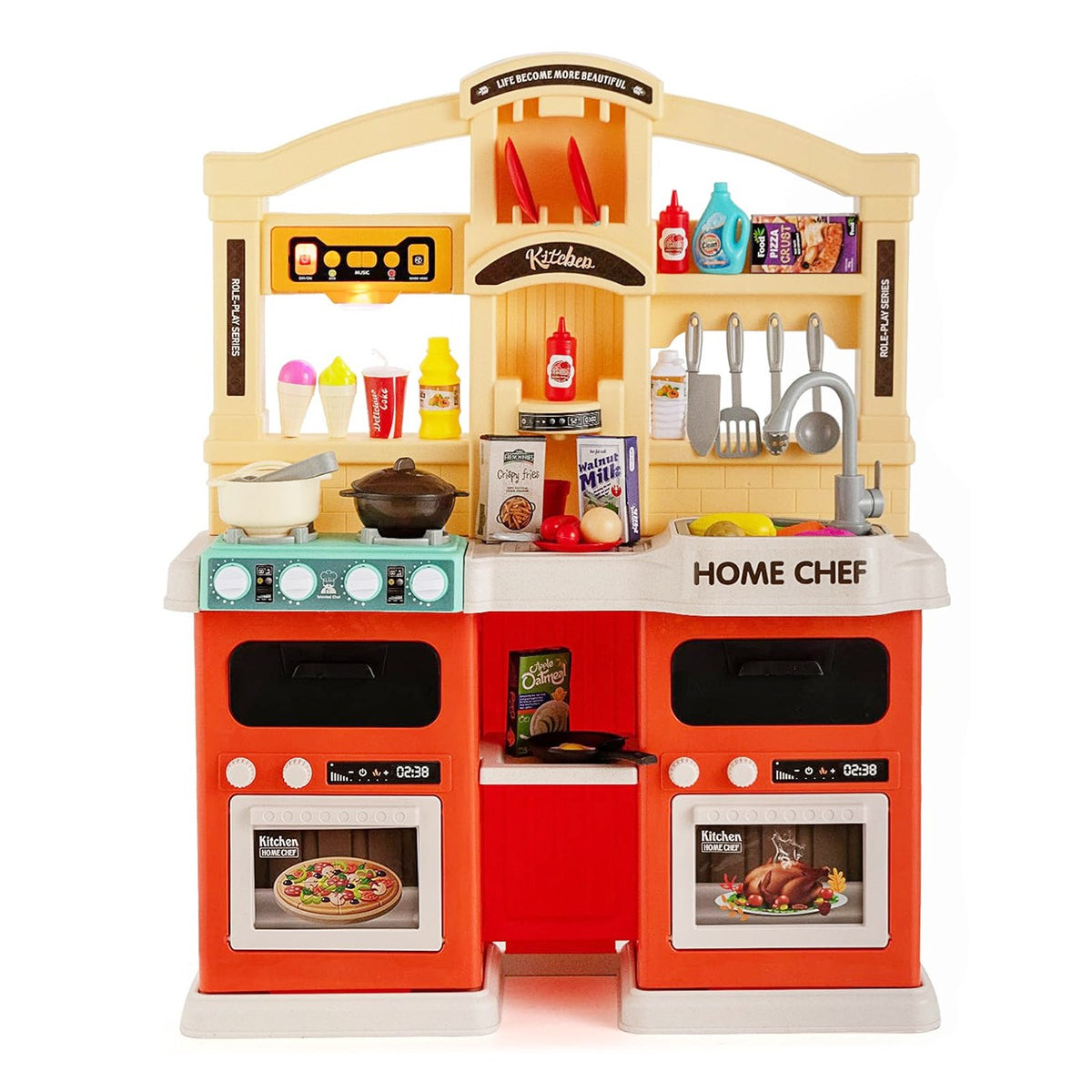 Bucatarie Multifunctionala pentru Copii Modern Kitchen Home Chef, Efecte Aburi, Lumini si Sunete, Robinet cu Circuit Apa, Plastic, 77 Piese, 83 x 66 x 24 cm, Portocaliu