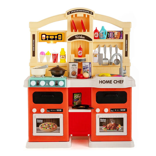 Bucatarie Multifunctionala pentru Copii Modern Kitchen Home Chef, Efecte Aburi, Lumini si Sunete, Robinet cu Circuit Apa, Plastic, 77 Piese, 83 x 66 x 24 cm, Portocaliu