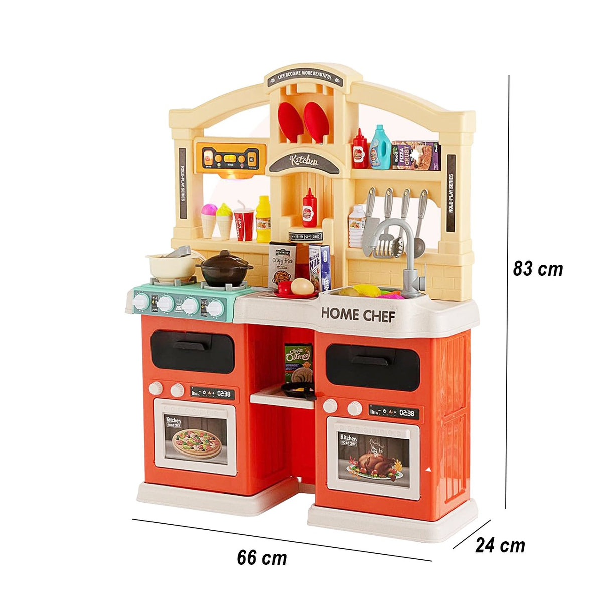 Bucatarie Multifunctionala pentru Copii Modern Kitchen Home Chef, Efecte Aburi, Lumini si Sunete, Robinet cu Circuit Apa, Plastic, 77 Piese, 83 x 66 x 24 cm, Portocaliu