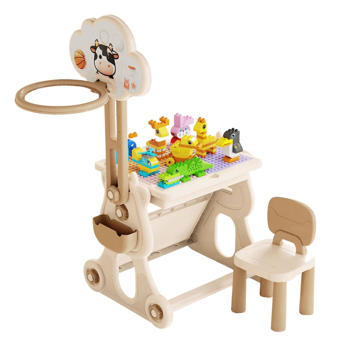 Masa Educativa pentru Copii, Multifunctionala 4 in 1 cu Cos Baschet si Sevalet Desen, Plastic, Include Scaun si 178 Piese Tip LEGO Duplo, Spatiu Depozitare, 3+ Ani, Bej