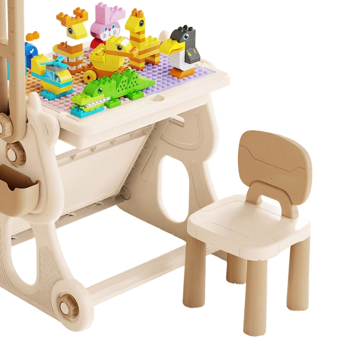 Masa Educativa pentru Copii, Multifunctionala 4 in 1 cu Cos Baschet si Sevalet Desen, Plastic, Include Scaun si 178 Piese Tip LEGO Duplo, Spatiu Depozitare, 3+ Ani, Bej