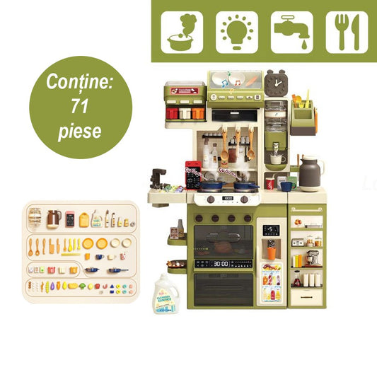Bucatarie Multifunctionala pentru Copii, Joc de Rol cu Aburi, Lumini si Sunete, Chiuveta cu Apa si 71 Accesorii, Plastic, 122 x 87 x 28 cm, Verde/Alb