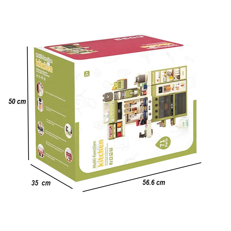 Bucatarie Multifunctionala pentru Copii, Joc de Rol cu Aburi, Lumini si Sunete, Chiuveta cu Apa si 71 Accesorii, Plastic, 122 x 87 x 28 cm, Verde/Alb