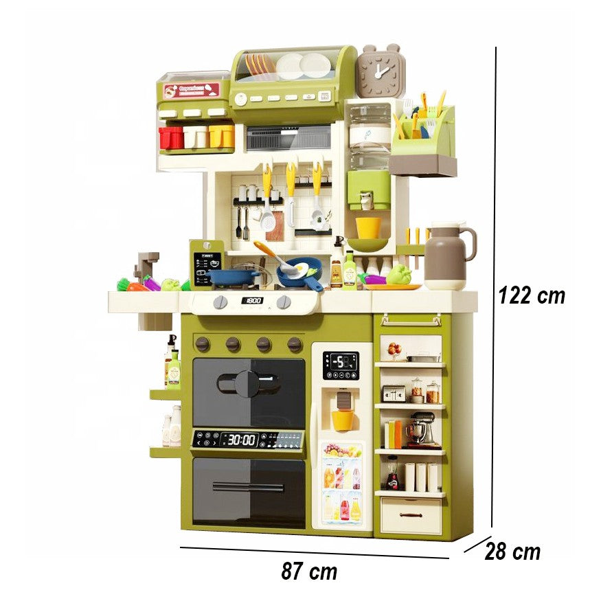 Bucatarie Multifunctionala pentru Copii, Joc de Rol cu Aburi, Lumini si Sunete, Chiuveta cu Apa si 71 Accesorii, Plastic, 122 x 87 x 28 cm, Verde/Alb